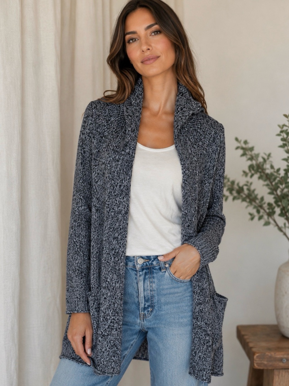 Eddie Bauer Marled Gray Open-Front Hooded Cardigan
